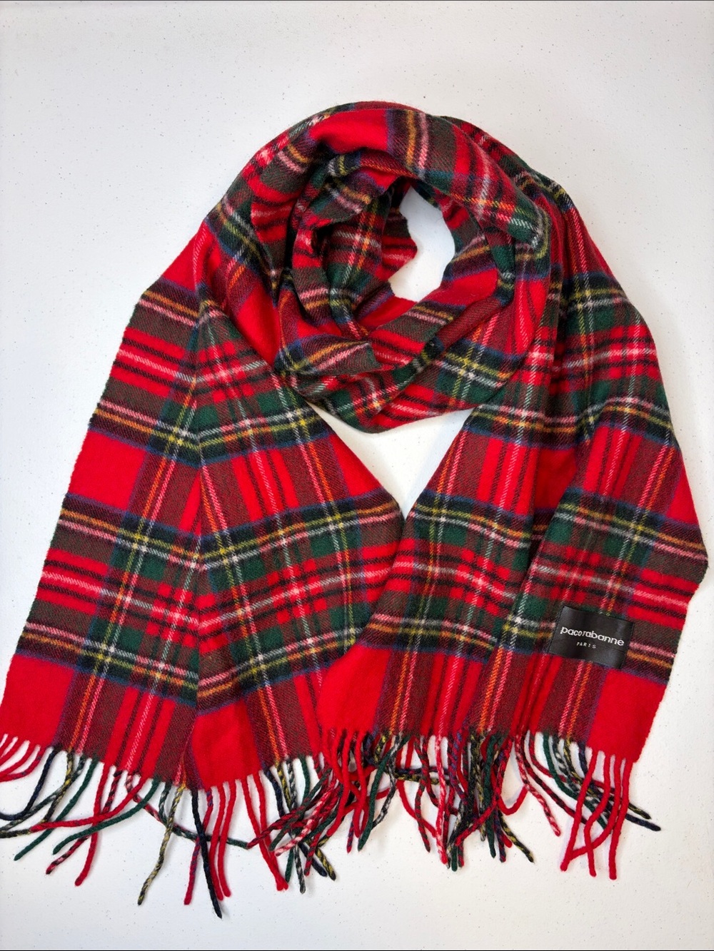 Vintage Paco Rabanne Paris Red Royal Stewart Tartan Plaid Fringe Scarf